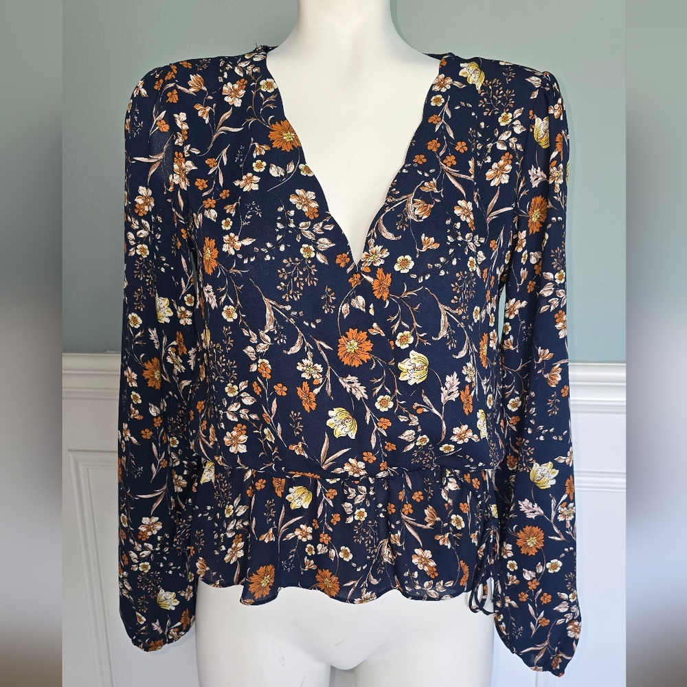 Nine Britton Small Blue and Orange Ruffled Peplum Blouse